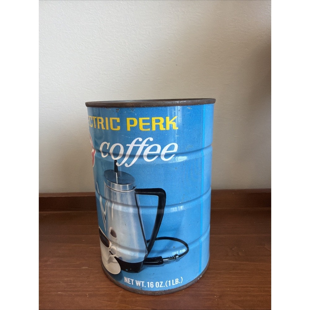Vintage A P Metal Coffee Can Tin Electric Perk 1 lb Teal Blue - Picture 2 of 7